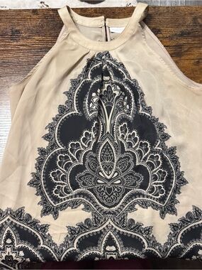New York & Company Silk Beige and Black Halter Neck Blouse